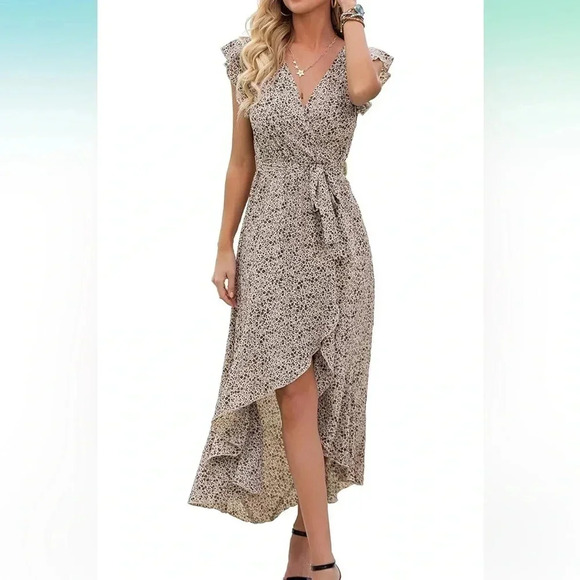 GRECERELLE 2024  Boho Floral Print V-Neck Faux Wrap Floret Coffee Size Large - Picture 1 of 16